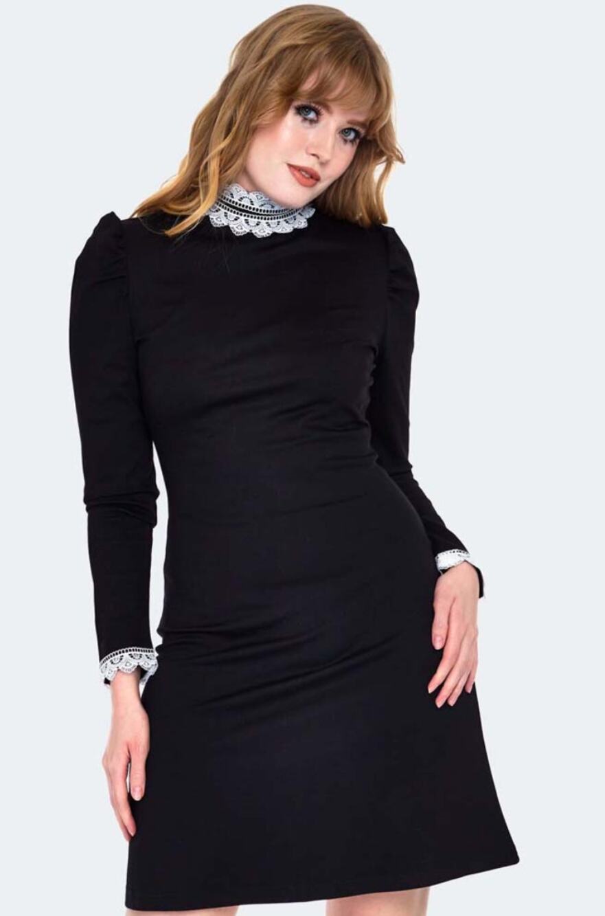Voodoo Vixen Lace Trim High Collar Long Sleeve Victorian Goth Black Dress L NWT